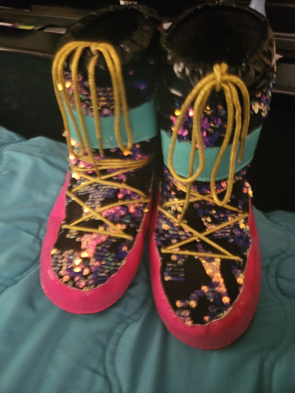 Sequin Snow Boots with Hot Pink Soles and Aqua Accent